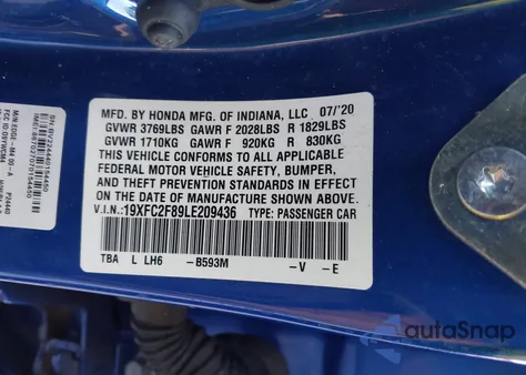 2020 Honda Civic Sport from USA, damaged, VIN 19XFC2F89LE209436